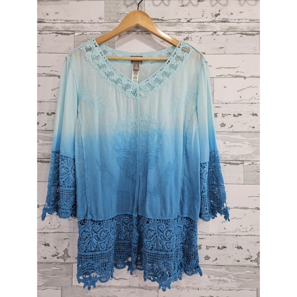 Chicos Womens 3 Xlarge Blue Ombre Tunic Crochet Lace Trim